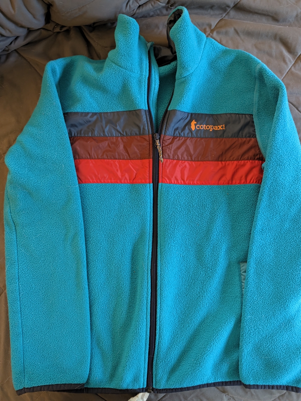 Men's Cotopaxi Full Zip Teal Fleece Jacket with Navy And Red Stripes